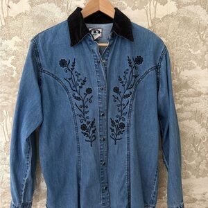 Embroidered Denim Shirt with Black Floral Design